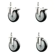 5 Inch 316SS Black Polyurethane 3/8 Inch Threaded Stem Caster Set 2 Lock Brake