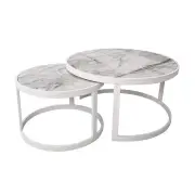HomeStar Set of 2 Leonardo Nesting Marble Round Coffee Table Metal Frame - White