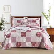 ENASAL Cotton Bedspread Quilt Bedding Sets Reversible Coverlet Sets Comforters Plaid Floral Red White Patchwork Pattern Bedspread for All Season, Queen Size