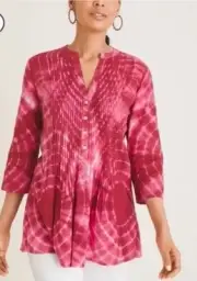 Chico’s ARTSY Tie-Dye Pintuck Peasant Tunic Blouse Cherry Red Boho Sz 4-6 NWT