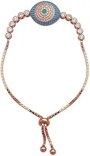 [JewelryWeb] 925 Sterling Silver Rose Plated Cubic Zirconia Simulated Turquoise Evil Eye Bracelet 24 Centimeters Link-Bracelet for Women