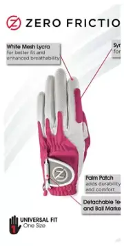 Zero Friction Performance Left Hand Compression-Fit One Size Golf Glove pink.