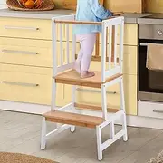 COSYLAND Kitchen Nursery Step Stool for Toddlers - Solid Kids Kitchen Tower for Learning Cooking & Doing Dishes - Kids Learning Stool,Made of Natural Solid Bamboo（Natural&White