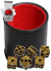 (6) 16mm Olympic Gold Tone Dice + Black PU Leather Red Felt Lined Cup + Gift Box