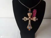 Betsey Johnson Large Jeweled Encrusted Cross Crown Multicolor Gems Pendant
