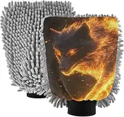 XYMZR Wolf Fire Black Absorbent Microfiber Car Wash Mitt, Funny Cute Anime Scratch Free for Cars Cleaning, Home Cleaning Mitts, 2 Pack, 10.24” L x 7.09” W