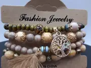 GS060-Boho Wood Beaded Tassel & Tree of Life Stretch Pendant Bracelet