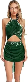 [Sinleey] Lyrical Dance Costume for Women Ruched Sleeveless Sparkly Rhinestone Ballet Modern Dance Dress Leotard