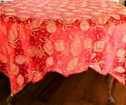 CHRISTMAS TABLECLOTH - RED WITH GOLD ORNAMENTS - 56 X 120" - NEW
