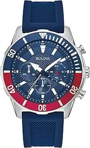 [Bulova] Men's Sport 6-Hand Chronograph Quartz Watch with Silicone Strap, 24 Hour Time, Calendar Date, Luminous Hands and Markers, 100M Water Resistant, 44mm