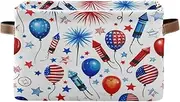 Independence Day White Fabric Organizer Bin, Decorative Rectangle Nursery Room Organizer Storage