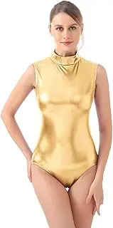 [Kepblom] Women's Sleeveless Shiny Metallic Leotard Sparkly Turtleneck Bodysuit