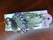 Purple Peacock Aurora Borealis Crystal Antiqued Gold Hair Clip