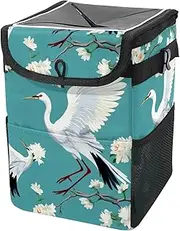 Car Trash Can with Lid and Storage Pockets Leak-Proof Organizer,Multipurpose Trash Bin for Car,Crane Floral Green Background