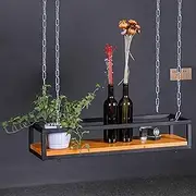 Ceiling Plant Rack Stand | with Solid Wood Board and Iron Frame Hanging Flower Pot Storage Shelf for Bar/Kitchen/Living Room Wine Bottle Decor Shelves(80x25x15cm)