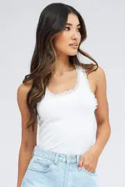 White Tank Top Lace Trim Seamless - Size XXS, Women's Tank