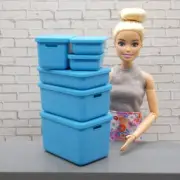 1/6 Scale Doll Storage Containers 6 With Lids Blue Bins 1:6 Storage 1:12 1/12