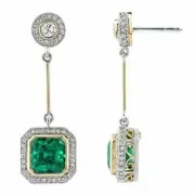 Lab Created Bezel Square Emerald With White CZ Vintage Style Drop-Dangle Earring