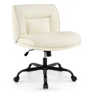 Giantex PU Leather Armless Desk Chair Cross Legged Chair w/Adjustable Height Swivel Computer Chair Beige