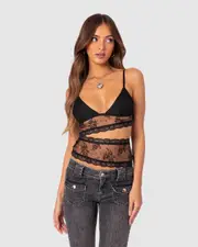 EDIKTED Womens Spice Cut Out Sheer Lace Tank Top BLACK