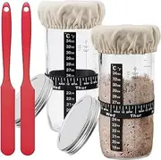 LKLKO 2 Pcs Sourdough Starter Kit 24 Oz Sourdough Jar, Sourdough Starter Jar with Aluminum Lid, Sewn Cloth Cover, Thermometer, Silicone Scraper Glass Fermentation Container