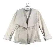 White House Black Market Jacket Faux Sherling Drape Front Neutral Cream Size L