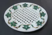 White Marble Oval Soap Dish Handmade Inlay Floral Art Malachite Stone Bath Decor