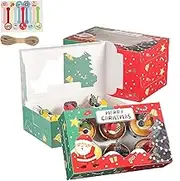 SYTHAK 12PCS Christmas Cupcake Boxes,Xmas Treat Gift Boxes 6 Holes with Window,Snack Cake Cookie Bakery Boxes Muffin Donut Pastry Containers with rope and sticker for Christmas Party(RED)