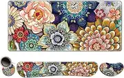 ToLuLu Extended Gaming Mouse Pad, Memory Foam Ergonomic Keyboard Mouse Wrist Rest Support Set, Large Desk Mat with Stitched Edges, Non-Slip Base Mousepad for Home Office Game, Colorful Flower