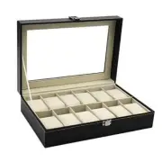 12 Slot Leather Watch Box Display Case Organizer with Framed Glass Lid