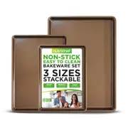 NutriChef 3-Piece Nonstick Oven Cookie Sheets for Baking, Heavy Duty Carbon Steel Baking Sheet Pans Set, Large, Medium, and Small Sized Baking Tray, Dishwasher Safe (Gold)