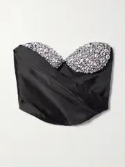 [AREA] AREA - Cropped Crystal-embellished Draped Satin Bustier Top - Black - US2 US 2 Black