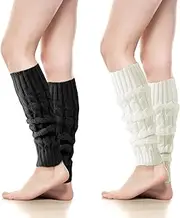 [SIWOKJJO] 2 Pairs Women Leg Warmers Leg Warmers Knee High Knitted Leg Warmers Winter Leg Warmers for Long/Low Boot Socks Dance Sports Cycling White Black, Black and White, One size