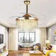 42'' Modern Ceiling hide Fan Light 3 Colors LED Chandelier Crystal Retractable
