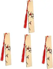 Tofficu 4pcs Retro Chinese Flowerbookmark with Tassels Wooden Student Bookmarker Perfect Present for Boys and Girls