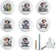 [JamJam] Set of 8 1.5" Ceramics Cow with Flower Knobs Unique Rustic Farmhouse Kitchen Cabinet Knobs Dresser Drawer Pulls