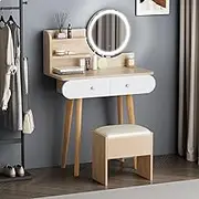 ALFORDSON Dressing Table and Makeup Stool Set Wood White Colour, Vanity Desk with LED Mirror & Drawers, Dresser Organiser for Women Bedroom Dress Room