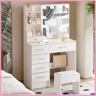 White Vanity Desk & Stool Dressing Table w/ LED Lights Mirror Stool Set Drawers