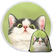 Green Eyes Grey White Kitten Cat Round Beach Towel