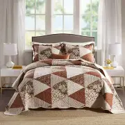 Brown Beige Floral Triangle Patchwork 3pc Quilt Coverlet Set Full Queen King Bed