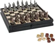 WE Games Pewter Fantasy Chess & Checkers Set, Black Stained Wood Board, 15 in.
