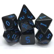 New 7 Piece Polyhedral Opaque Black with Blue Gothic Font Dice Set and Dice Bag