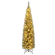 Costway 180CM Pre-Lit Artificial Christmas Tree Slim Pencil Xmas Tree W/ 390 Branch Tips & 180 Warm White LED Lights Muiticolor