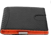 [Respicefinem] Men Slim Wallet 10 Credit Card Holder Slots Leather Money Clip RFID Blocking Bifold Front Pocket Small Thin Wallet (Black with Orange Interior)