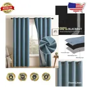 Elegant Sky Blue 90" Blackout Drapes - Faux Linen Grommet Top Panels 52x90
