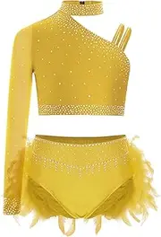 [Yhong] Kids Girls Costume Crop Top Feather Briefs Stage Performance Dance Outfit for Rhinestones Ballet Jazz