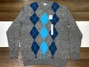 NEW Croft & Barrow Mens LG Gray Long Sleeve V Neck Argyle Knit Sweater NWT
