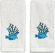 Summer Soft Absorbent Bathroom Coastal Guest Embroidered Fingertip Towels: Sealife Fish Coral Design, 2 Piece 12" x 18" Inches
