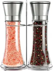 Salt & Pepper Grinder Set - Stainless Steel Manual Mills, Peppercorns & Rock
