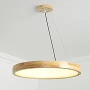 TONFON Ultra-Thin Disc Chandelier Wooden Pendant Light with White Acrylic Shade, Modern LED Ceiling Light Fixture Round Rubber Wood Hanging Light for Kitchen Island Living Room Bedroom Bedside Dining